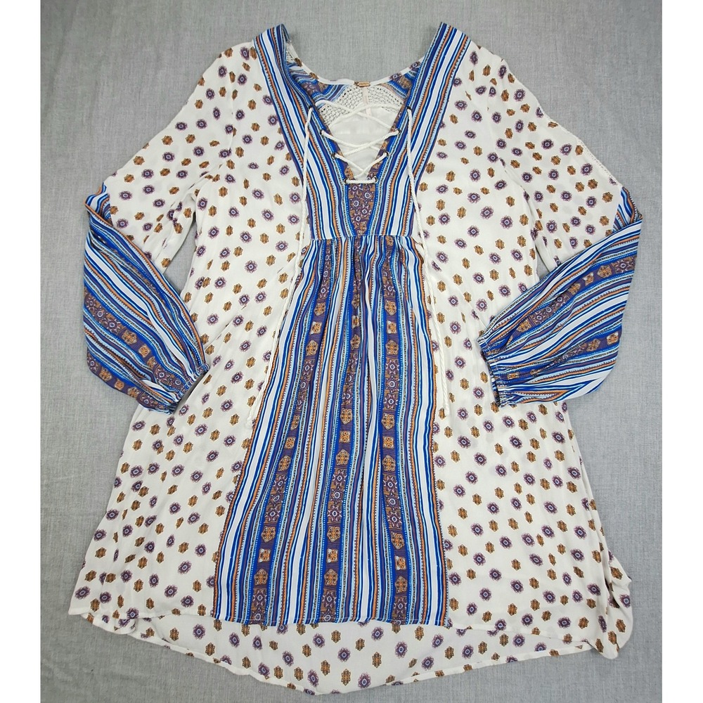 Free People Rain Shine Floral Striped Lace Up Crochet Boho Tunic DressM